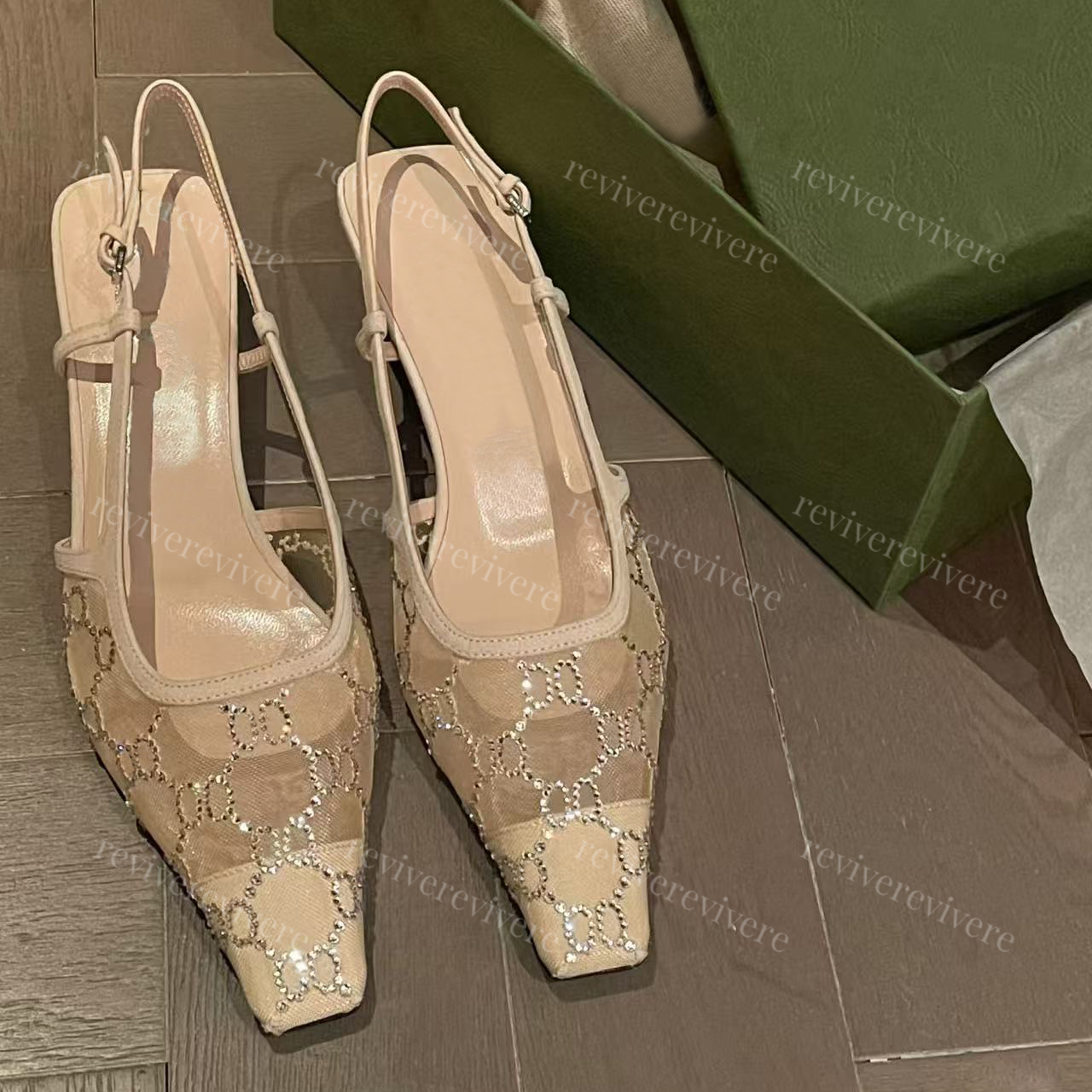 Women Dress shoes Slingback high heels Sandal Square Toes rhinestone Letter Jacquard-knit Kitten Heel Pumps Stiletto Slip on Luxury Designer Evening Party shoes