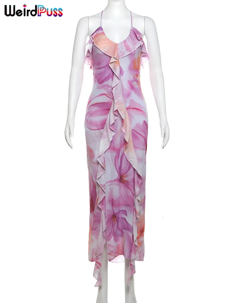 Weird Puss Flower Print Dress Woman Summer Strapless Splits Irregular Tassel Patchwork Backless Bandage Party Skinny Vestidos 250222