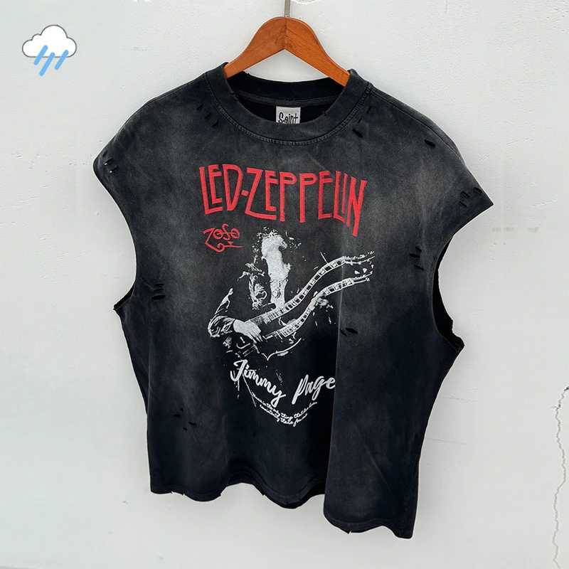 Men's Tank Tops 25SS High Street Vintage Washed Black Damaged Hole Saint Tank Top Best Quality Cotton Sleeveless T-Shirt Men Women Vest z250223