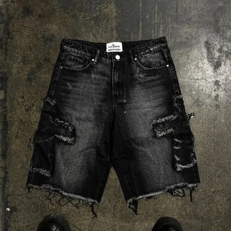 Y2K trend Harajuku Gothic hip-hop retro burr cross embroidery black baggy high waist denim shorts mens jeans 250222