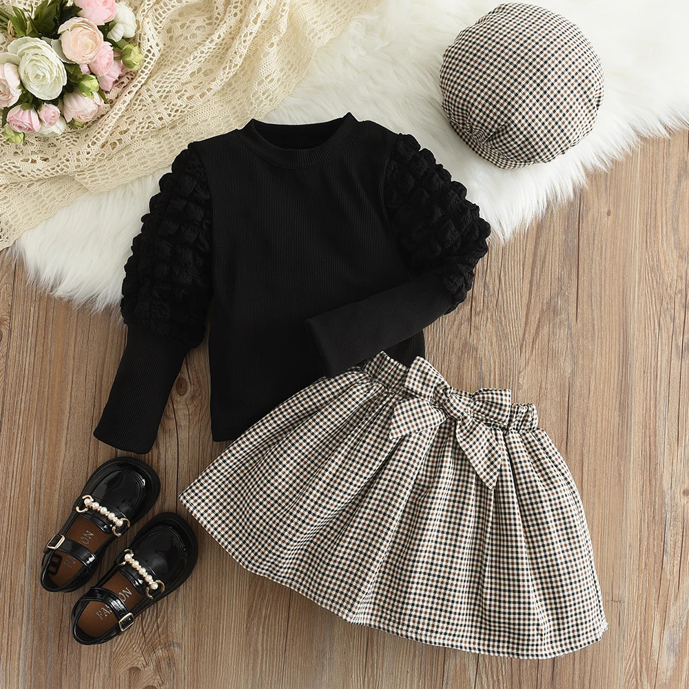 Girls Set Autumn Childrens Round Neck TopBow Plaid Short SkirtHat Three Piece Childrens Fashion Set 250224