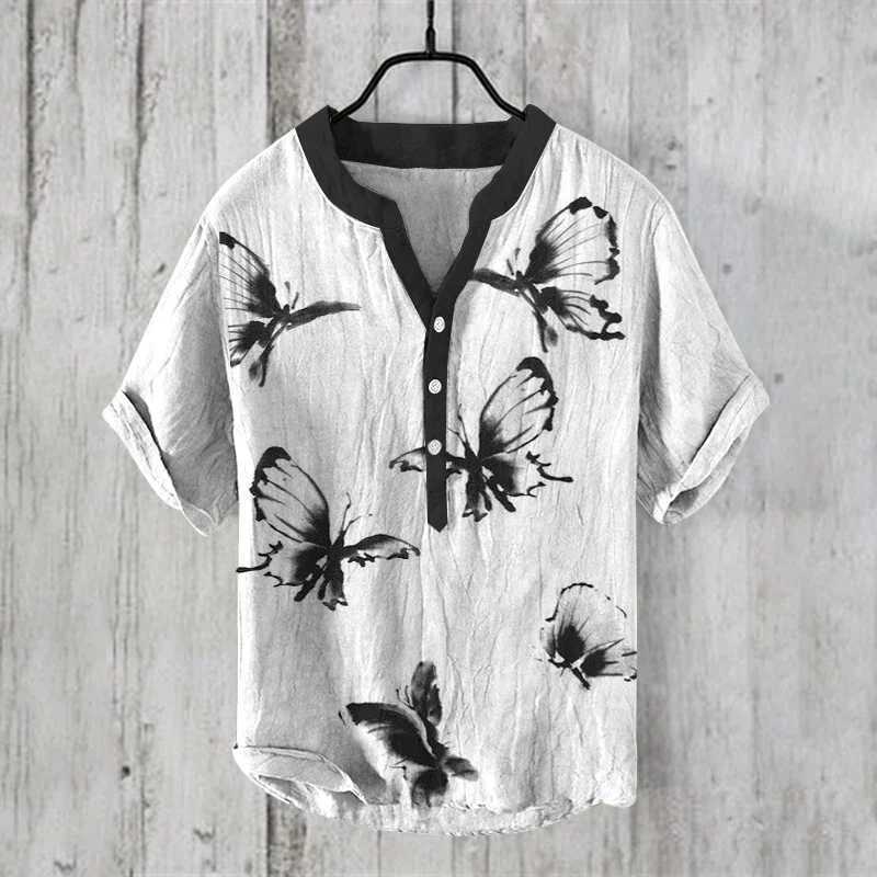 Mens short sleeved shirt retro high-quality linen fabric Chinese style trendy mens outfit button up top V-neckT250224