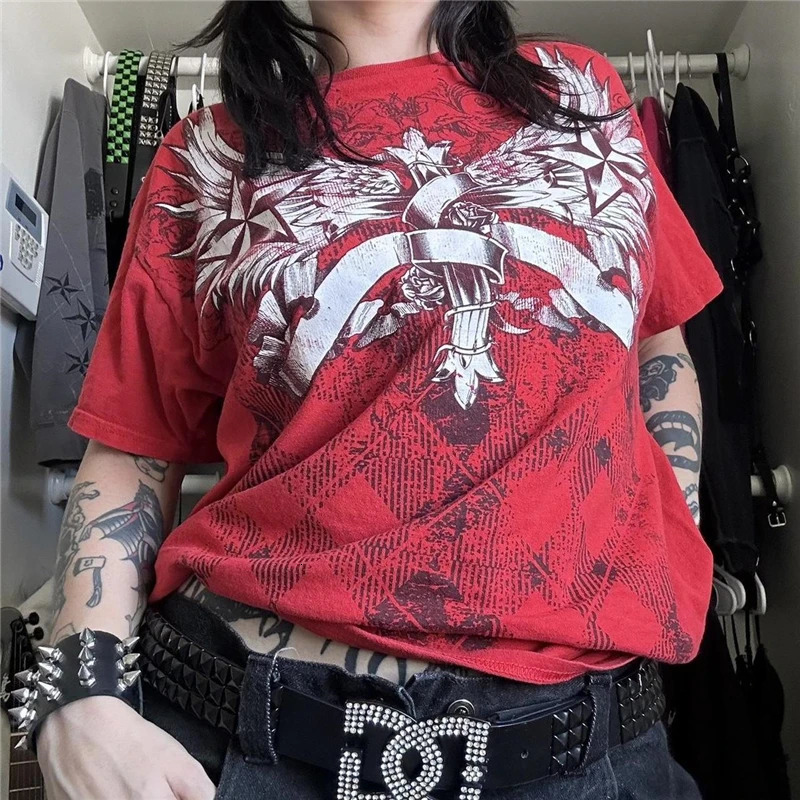 Xingqing Gothic Punk T Shirt 2000s Women Graphic Print Round Neck Short Sleeve Tees Grungecore Clothing Cyber y2k Top Streetwear 250224