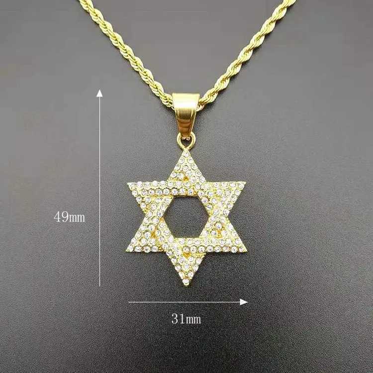 New 1pcs Hip Hop Rhinestone Gold Color Stainless Steel Necklaces Is Star Of David Hexagram Pendant Necklace For Men Rapper X250224
