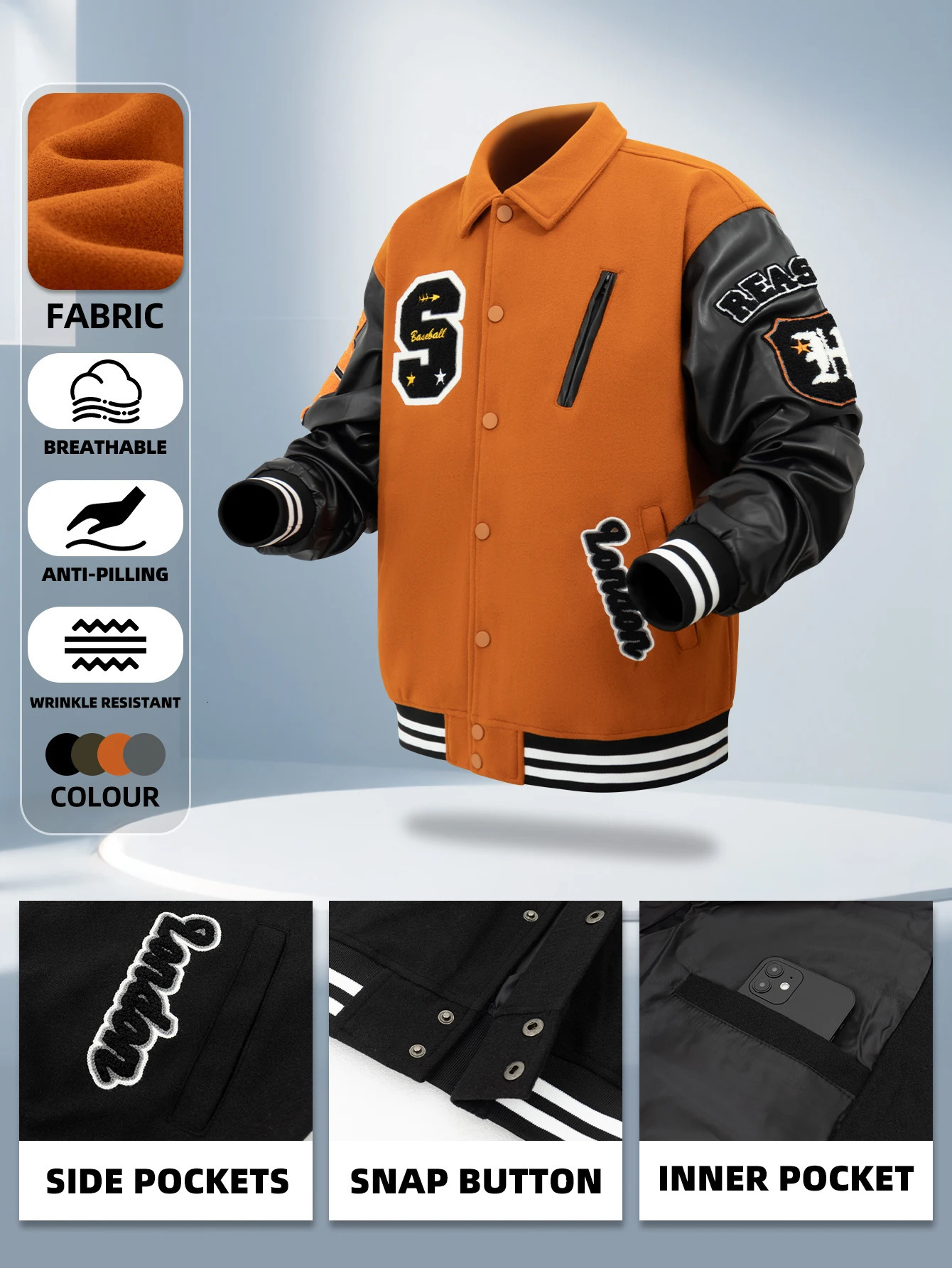 Mens Vintage Turndown Collar Bomber Jacket Loose Letter Embroidery Coat Fall Winter Leather Patchwork Varsity Baseball Jackets 250213 - view 5