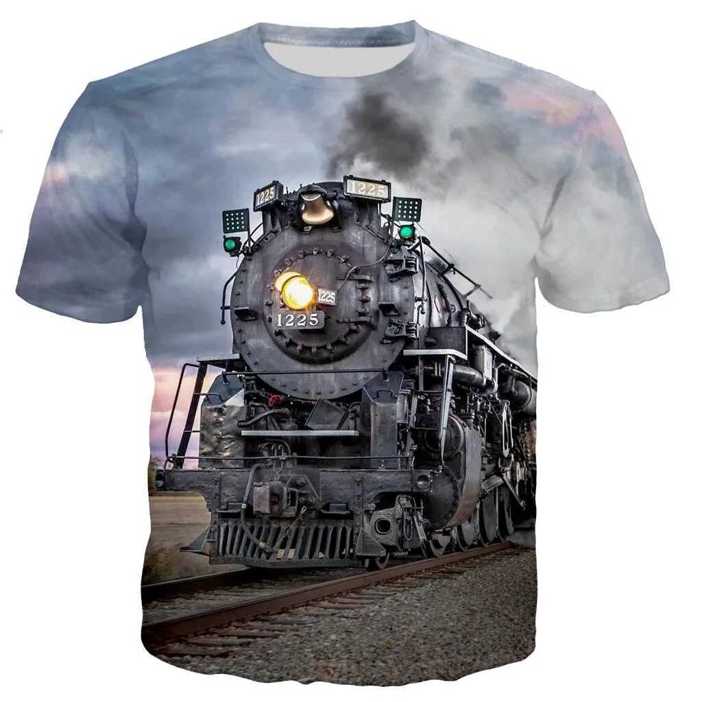 Fashion Trend Summer New Retro Train Engine Pattern Printed Mens T-shirt Street Fashion Cool Round Neck Plus Size Top W250224
