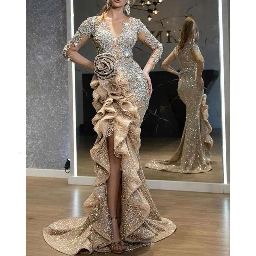 Plus Size Gold Sequins Mermaid Prom Dresses Long Sleeves Evening Gowns Off Shoulder Women Cheap High Split Formal Dress