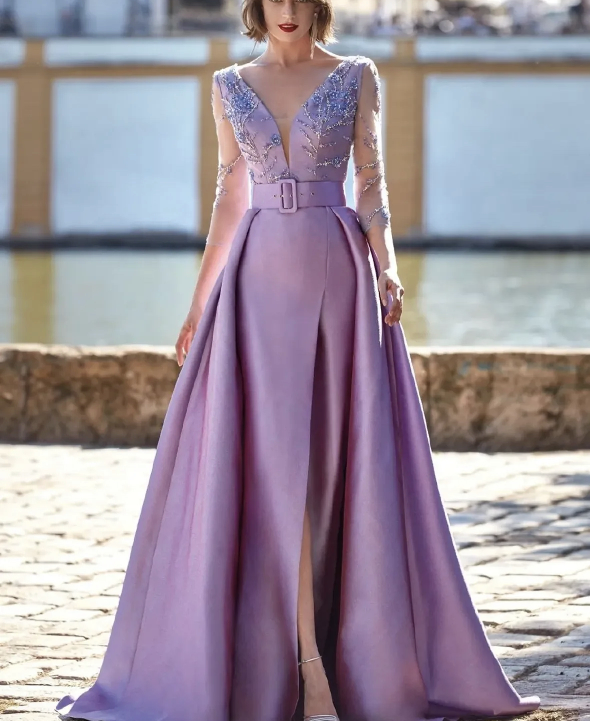 Elegant Lavender Satin Evening Dresses With Detachable Skirt 2025 3/4 Long Sleeves Deep V-Neck Beading Front Slit Prom Dress Special Occasion Gowns 20