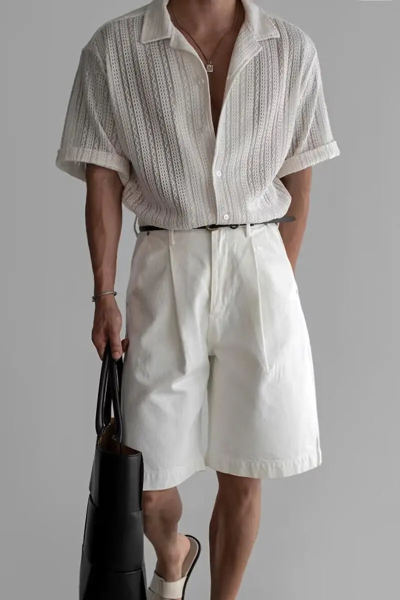 Vintage Cuban Collar Hollow Short Sleeved Shirt Men Korean Fashion Loose Casual Shirts Gentlemans Lazy Style Shirt Men Clothing 250222