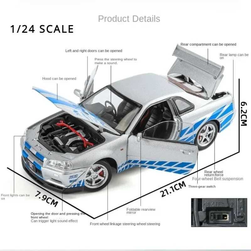 Wild Speed 1/24 Nissan Skyline GT-R R34 Alloy Model 1/32 JDM Collective Miniature Car Diecast Toy Vehicle Boy Home Decor Free shipping