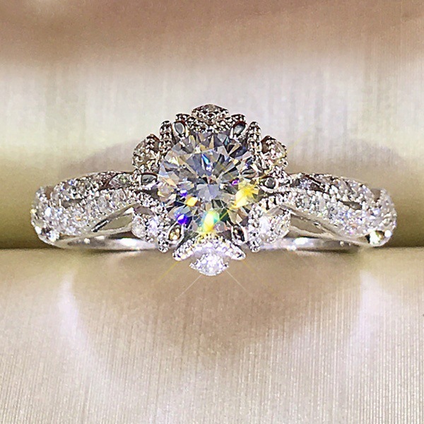 Solitaire Ring 925 Silver Micro-Inlaid Zircon Flower Diamond Ring Women White Crystal Wedding Ring Fashion Party Jewelry Gift