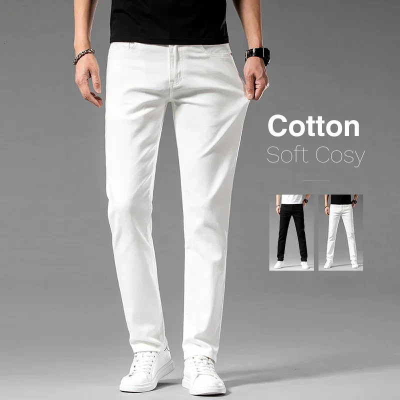 2024 In Quality Business Cotton Stretch Denim Pants Trousers Classic Style Summer Mens Slim Fit White Black Jeans 250214