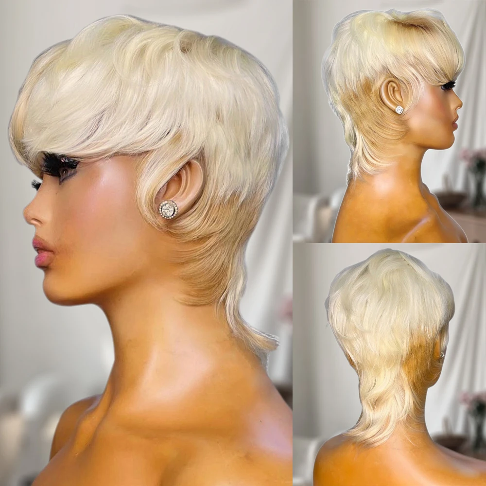 Peruvian Soft 613 Blonde Human Mullet for Women Short Pixie Cut with Bangs Full Lace Layered Hair Wigs Cosplay Party Daily Use Wig