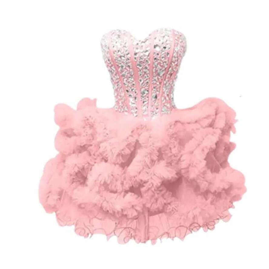Short Elegant Pink Prom Pageant Dress Sweetheart Crystal Beading Ruffles Tulle Evening Formal Party Gowns Birthday Wear Robe De Soiree