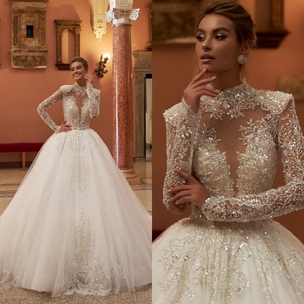 A e Women Wedding High Collar Long Sleeves Bridal Gowns Sequins Beaded Sweep Train Dress Custom Made vestidos de novia