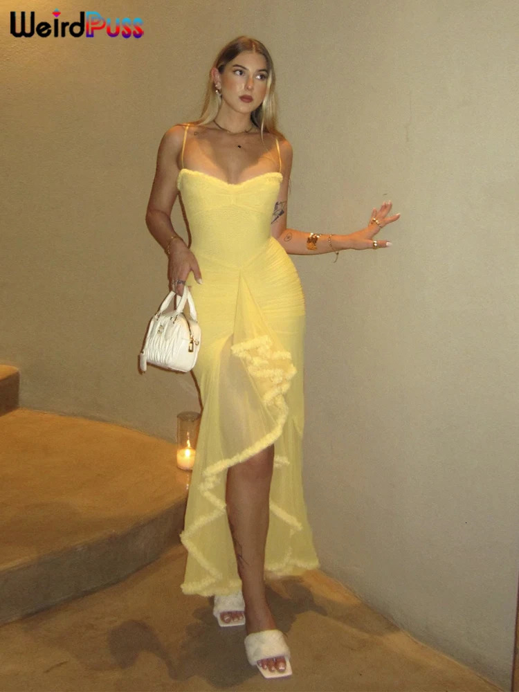 Weird Puss Ruffles Bandage Dress Women Sexy Backless Sleeveless Tassel LaceNeck See Through Slits Hem Prom Party Long Bodycon 250222