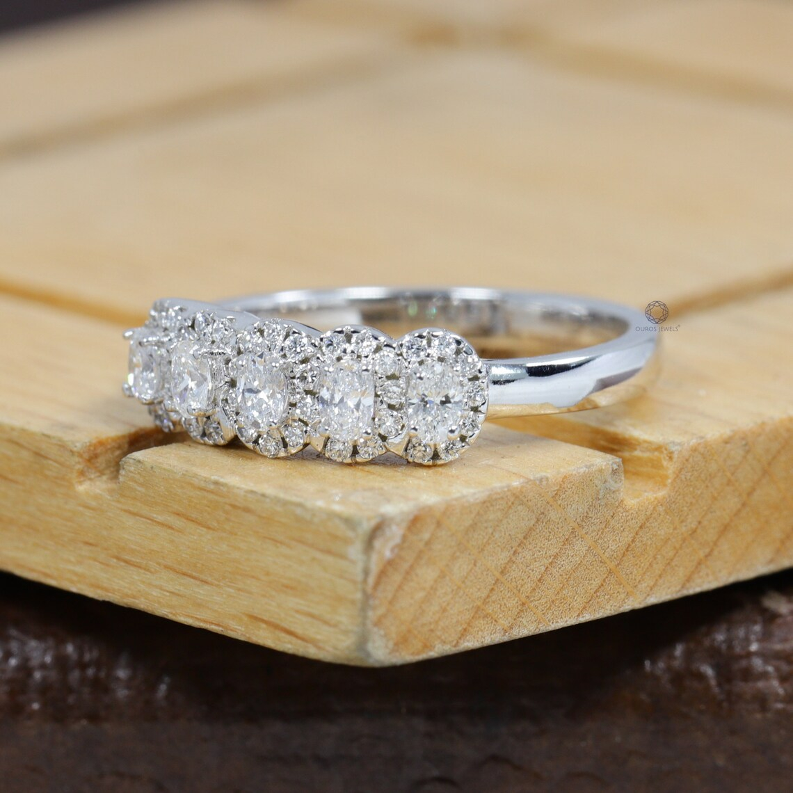 Jewelry 3*2mm Oval Five Stone Diamond Ring Lab Grown Diamond Certificate Oval Halo Diamond Ring 14K White Gold Eternity Band