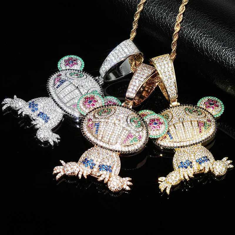 Prong Setting Mticolor AAA CZ Stone Bling d Out Cartoon Frog Pendants Necklace for Men Hip Hop Rapper Jewelry Gold Color X250224
