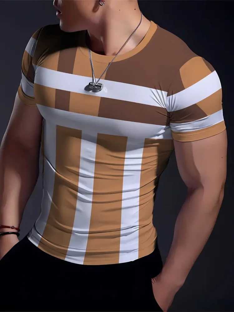 Simple striped patchwork printed mens casual T-shirt sporty and breathable mens top Harajuku street trend short sleeved shirt W250224