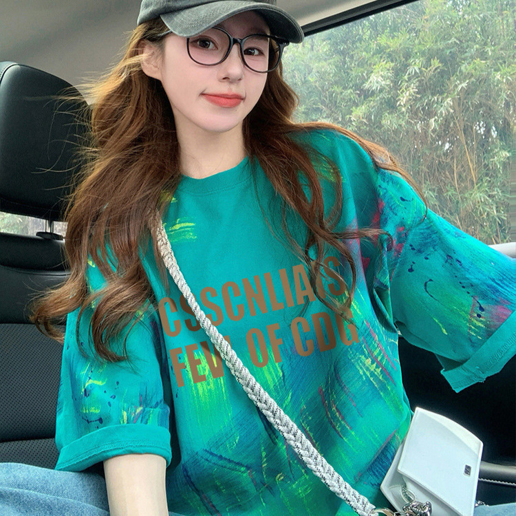 Minimalist style western-style letter graffiti pure cotton medium to long length t-shirt womens high-end colorful tie dye loose fitting meat cover top