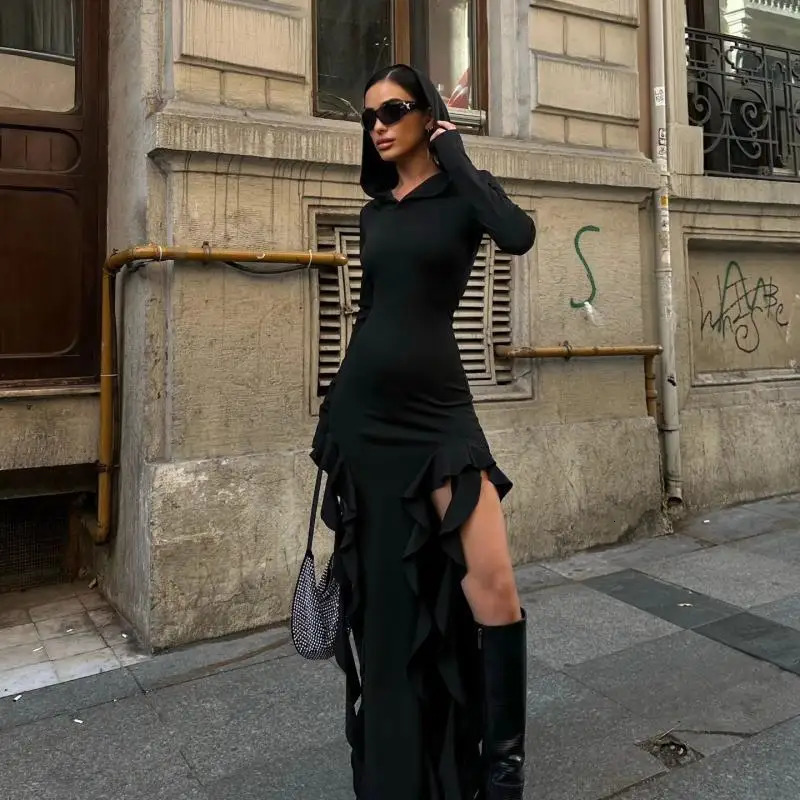 Sexy Winter Long Sleeve Black Maxi Ruffles Dress Outfits Women Y2K Streetwear Hooded Bodycon Irregular Split Dresses Vestido 250222