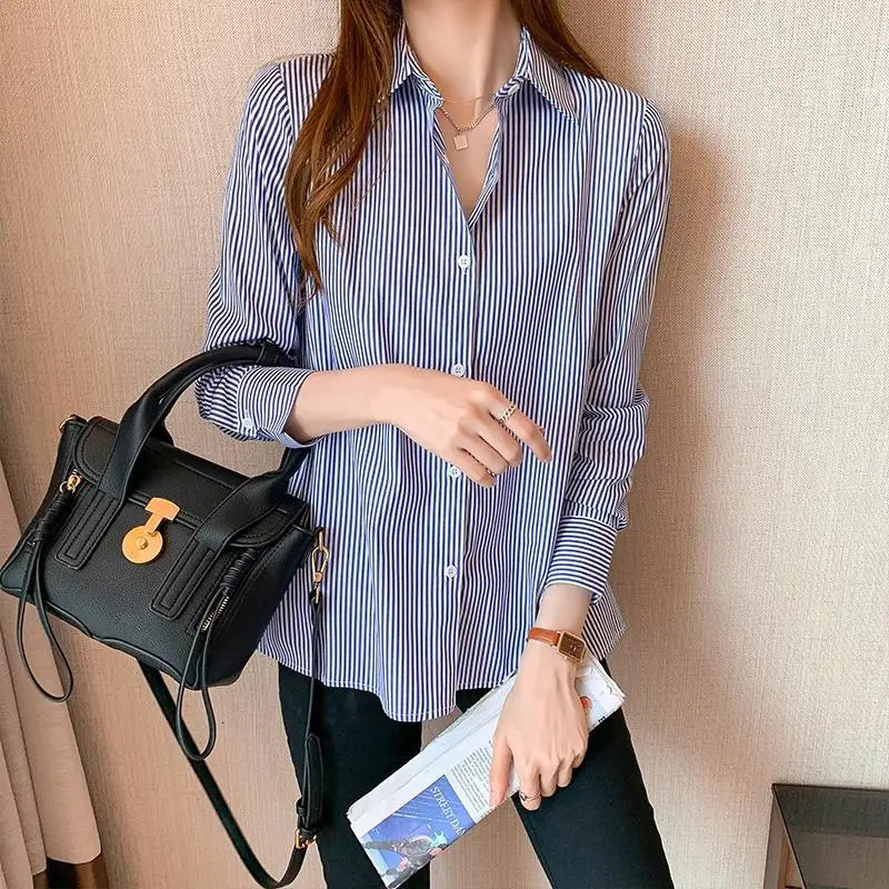 Profession Office Printing Striped Single-breasted Blouse Women Long Sleeve Turn-down Collar Korean All-match Lady Shirt 250224