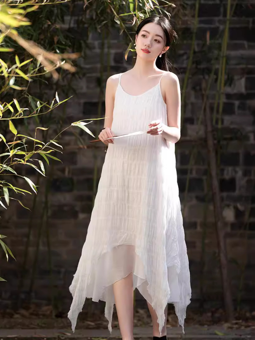 H12260 Plant-dyed wrinkled jacquard irregular niche suspender long skirt female travel shooting fairy slim dress