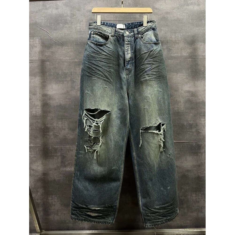 Original Bale Washed Loose Dyed Torn Dirty Jeans High Street Casual Denim Pants Men Hiphop Streetwear Causal