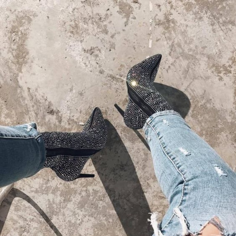 Sophisticated Women's High Heel Footwear with Shimmering Stone Decorations