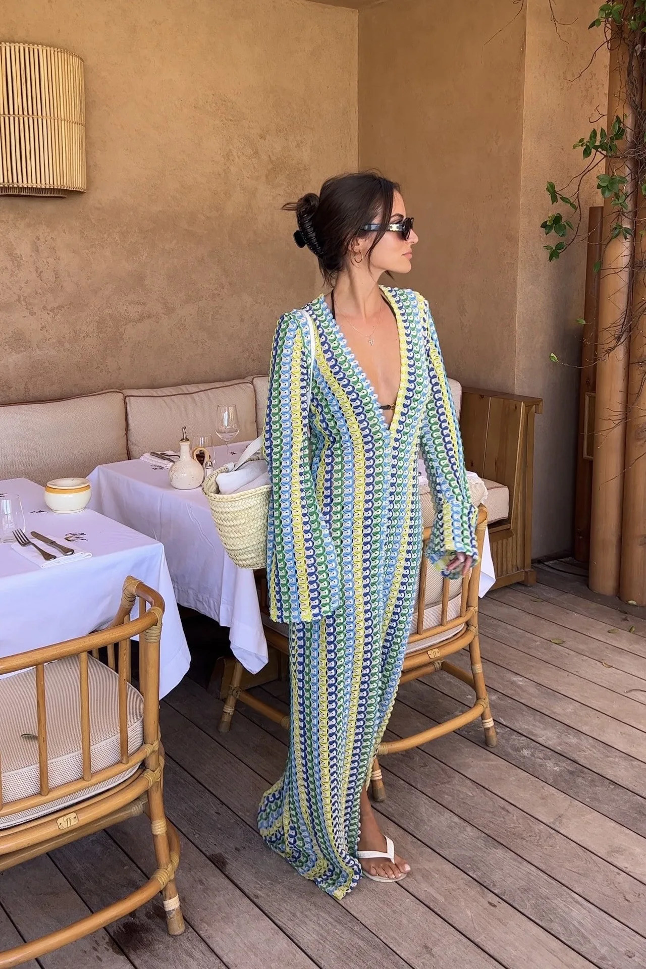 Crochet Colorful Stripe Maxi Dress Women Flare Sleeve V-neck High Split Sexy Long Dresses Autumn Beach Banquet Vestidos 250222