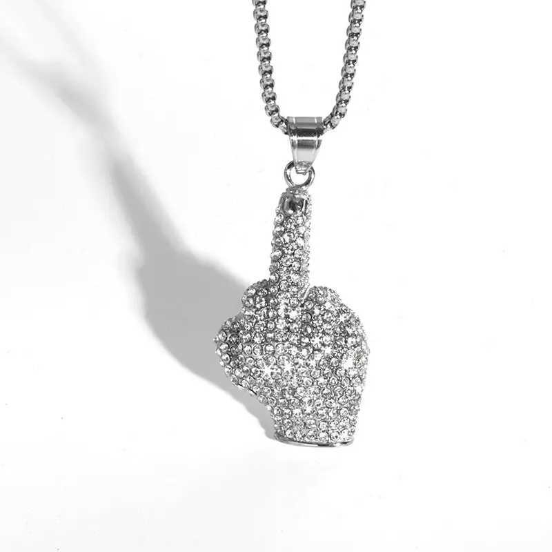 New Out Zircon Courtesy Gesture Middle Finger Pendant Necklace Mens Hip Hop Rap Cycling Jewelry Gifts X250224