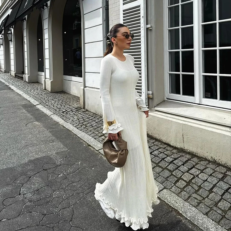 Ruffles Pleated Loose Long Dress Women Autumn Winter Fashion White O Neck Flare Elegant Party Dresses Female Streetwear Outfits 250222