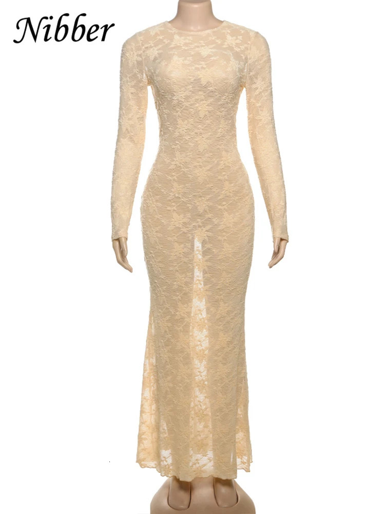 Nibber Knitted Jacquard Dress Women oNeck Full Sleeve Sexy See Through Midnight Hipster Banquet Party Elegant Fit Long Bodycon 250222