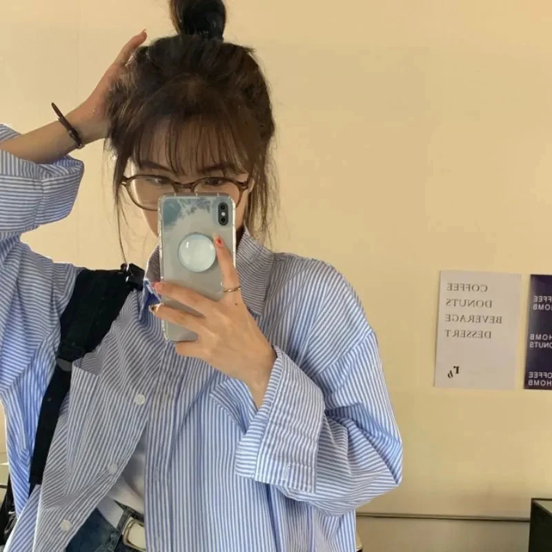 Preppy Style Long Sleeve Blue Striped Shirt Women Korean Fashion Turn Down Collar Loose Blouse Woman Harajuku Streetwear Shirt 250224