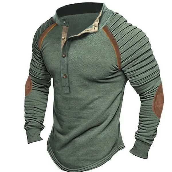 Mens Henry T-shirt with Buckle Collar Long Sleeved Pleated Print Henry Street Vacation Long Sleeved Clothing Basic Clothing W250224