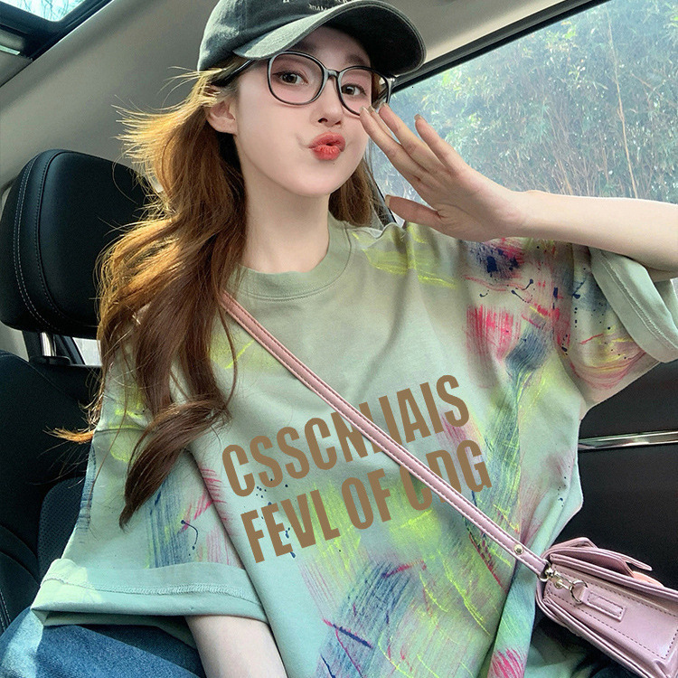 Minimalist style western-style letter graffiti pure cotton medium to long length t-shirt womens high-end colorful tie dye loose fitting meat cover top