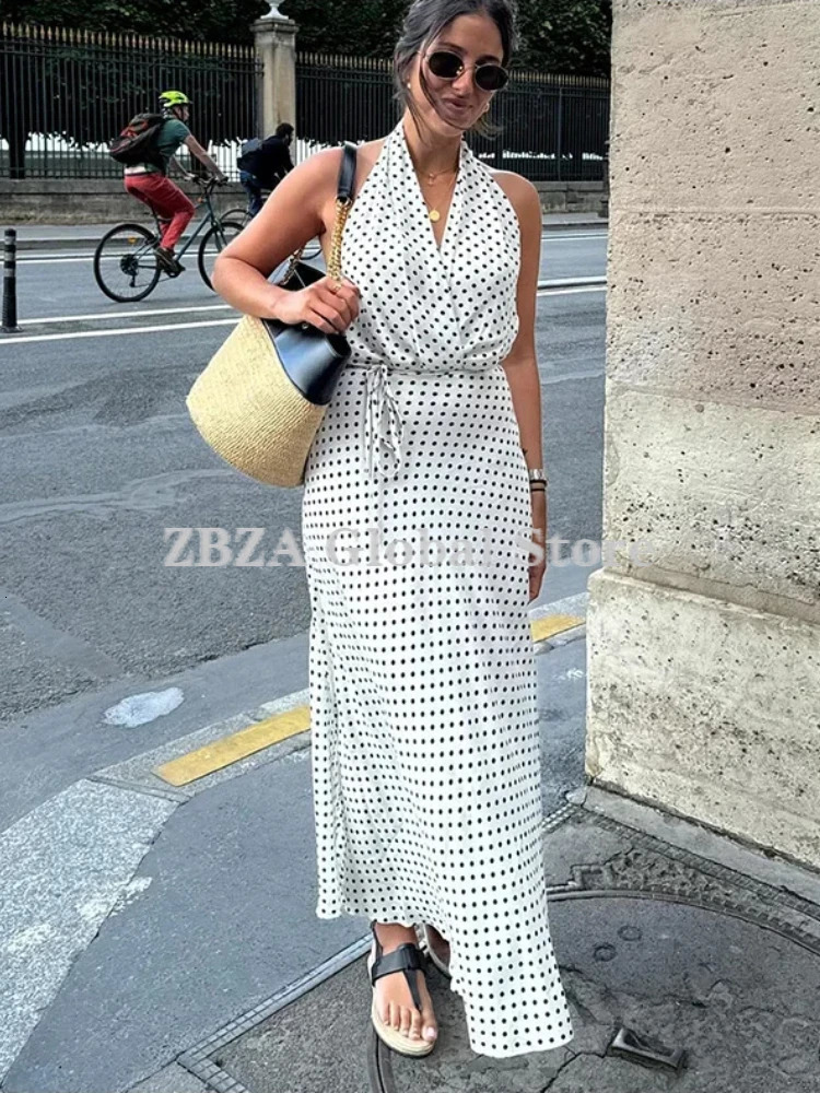 Womens Polka Dot Halter Dress Crossover Halterneck Exposed Shoulders Midi Flared Hem Ties Backless Female 250222