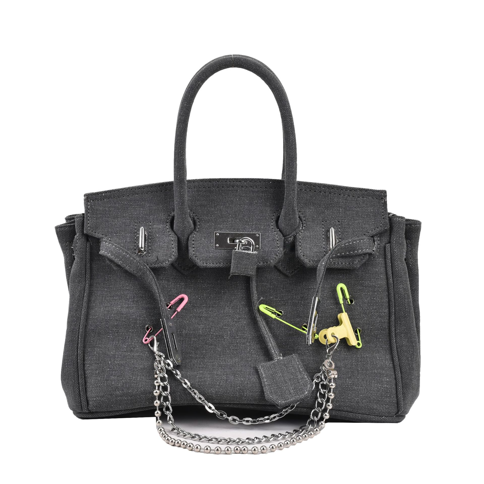 Customizable Old-Fashioned Denim Shoulder Bag with Silver Pin Buckles - Perfect for Spring & Summer
