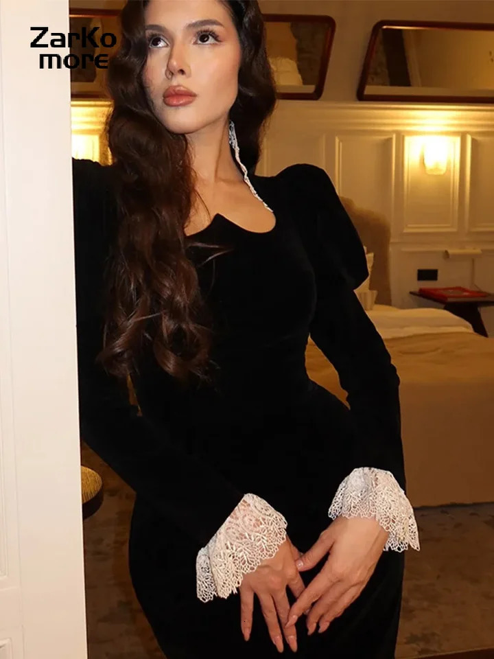 Elegant Patchwork Velvet Midi Dress Black Lace Long Puff Sleeve Slim High Waist Dresses Spring Summer Lady Party Robes 250222