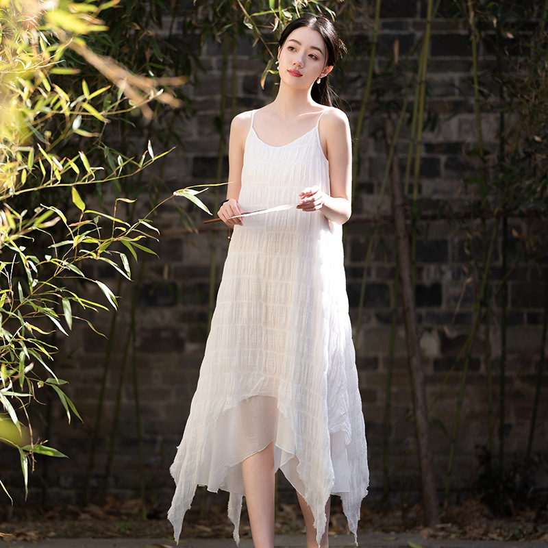 H12260 Plant-dyed wrinkled jacquard irregular niche suspender long skirt female travel shooting fairy slim dress