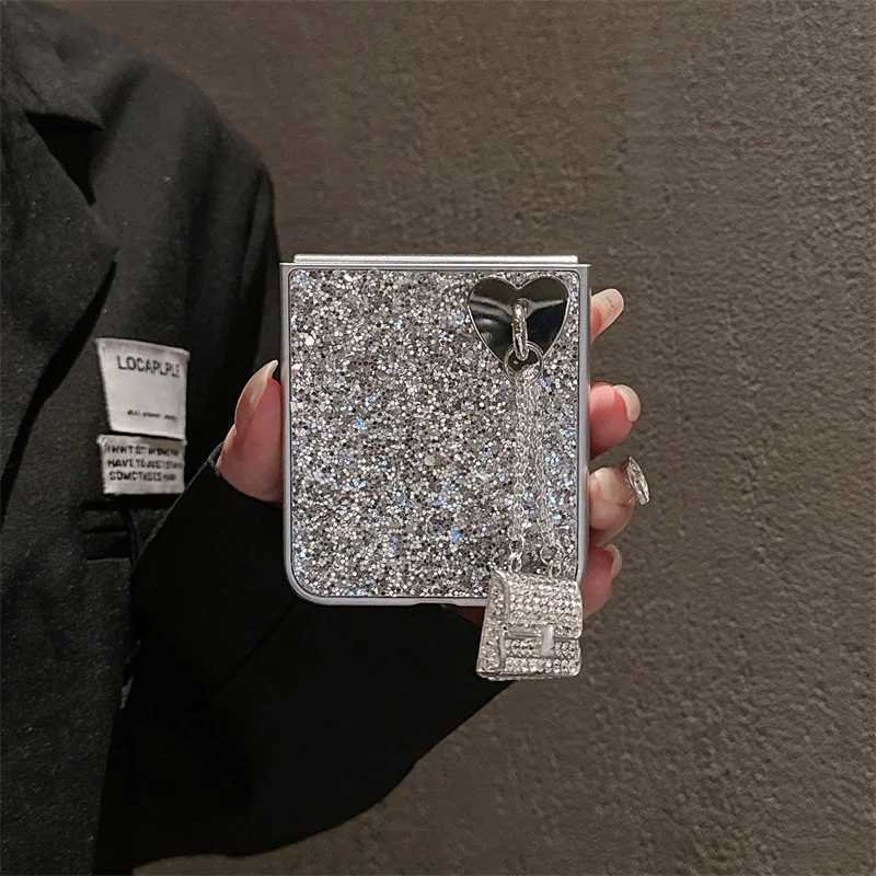 Luxury Glitter Phone Case For Galaxy Z Flip 6 5 4 3 Cover with Cute Bag Pendant Plating Silver Cases For Flip5 Flip4 5G X250224