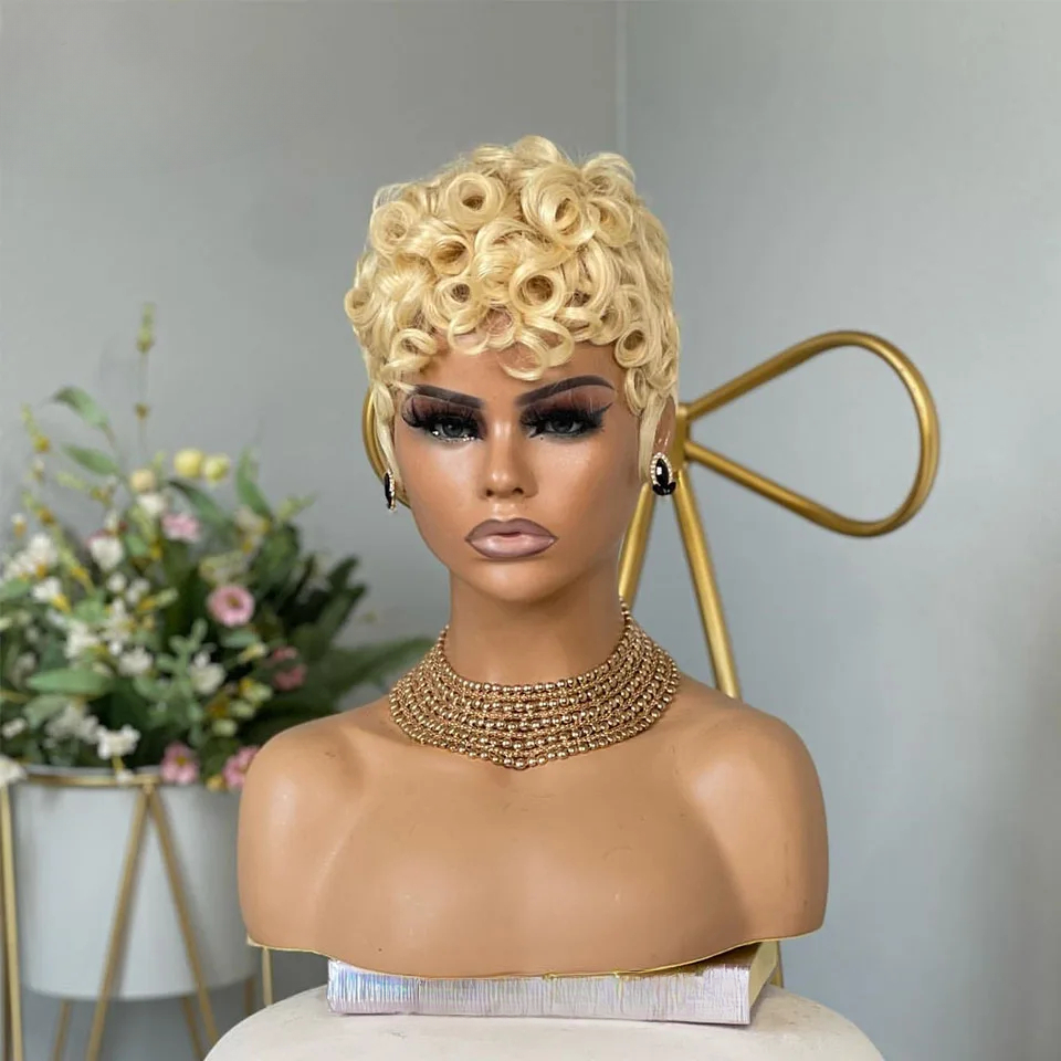 Free shipping 180density Brazlian Red /brown/ Blonde Finger Wave Wig Short Curly Full Lace Front for Women Pixie Cut Wigs Human Hair Cosplay Halloween