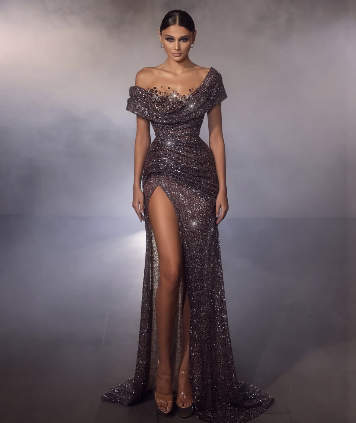 Glitter Sequined Prom Dresses Off Shoulder Side High Slit Pageant Party Dress Pearls Beaded Long Evening Gowns Pleats Charming Special Occasion Wear 2