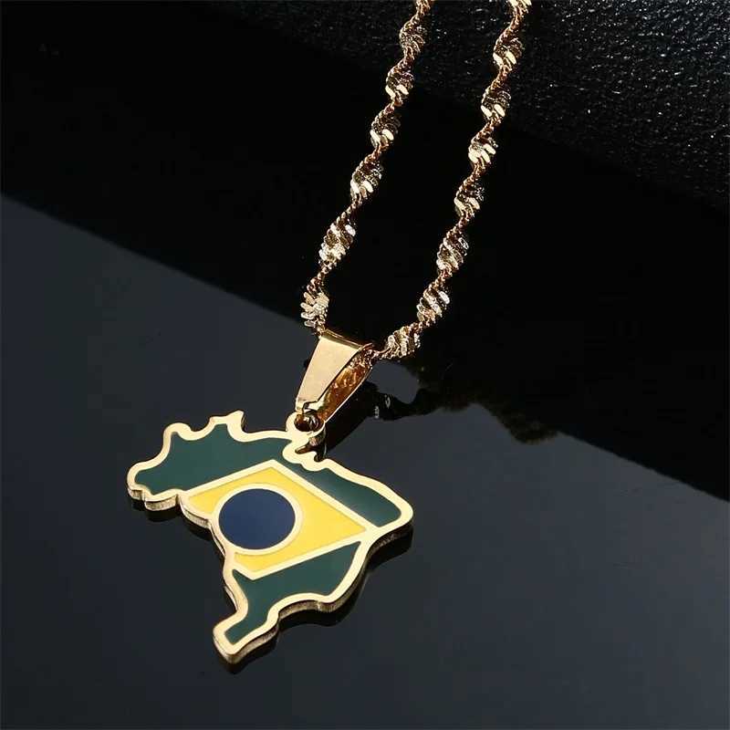 Stainless Steel Map Flag Pendant Necklace Brazil Silver Color Gold Color Jewelry X250224