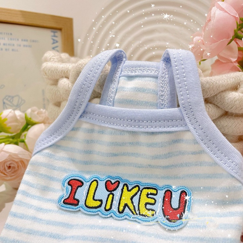 Puppy Kitten Pure Cotton Clothes with Letter Embroidery, Cool and Breathable Striped Pet Vest in Summer for Pup and Small Dog, Teacup, Pomeranian XXS 