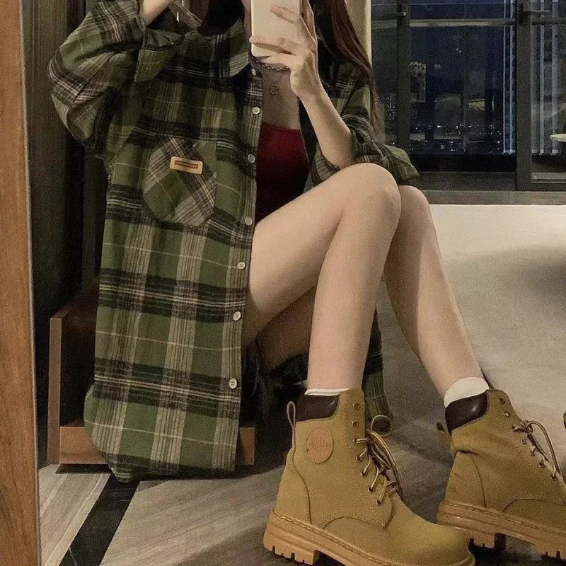 Deeptown Harajuku Green Plaid Shirt Streetwear Women Vintage Long Sleeve Oversize Blouse Korean Fashion Aesthetic Clothes Female 250222