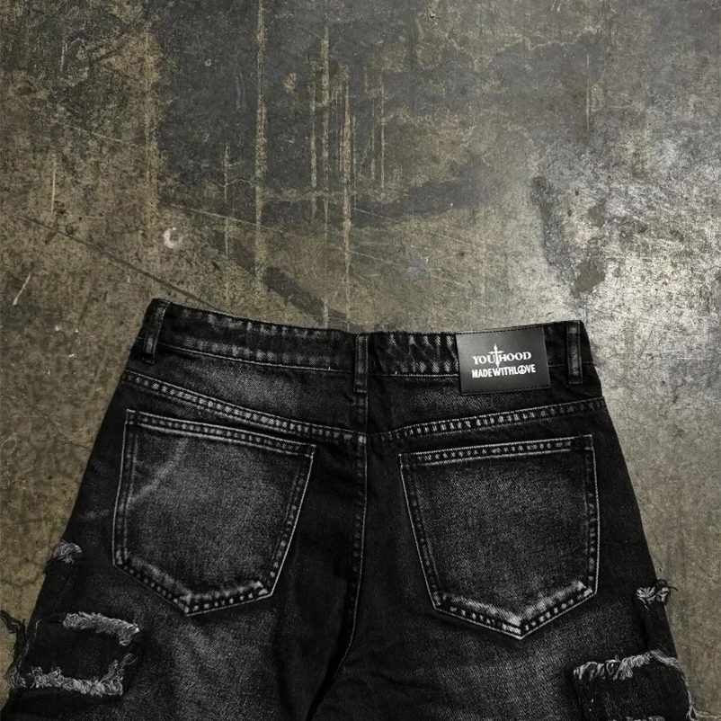 Y2K trend Harajuku Gothic hip-hop retro burr cross embroidery black baggy high waist denim shorts mens jeans 250222