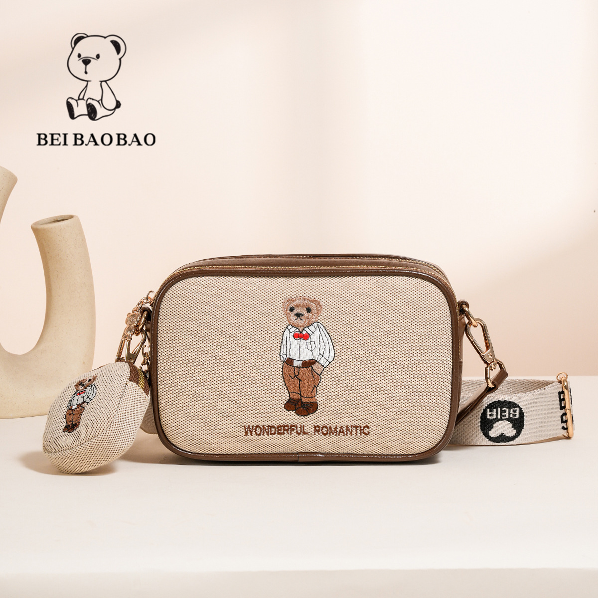 Women's Embroidered Canvas Small Square Bag with Wide Shoulder Strap - Crossbody Camera & Phone Tote with Cartoon Teddy Bear Design