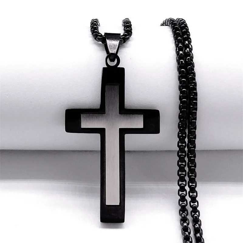HNSP Stainless Steel Cross Pendant Chain Necklace For Men Christ Jesus Jewelry Catholic Crucifixes Rosaries Accessories X250224