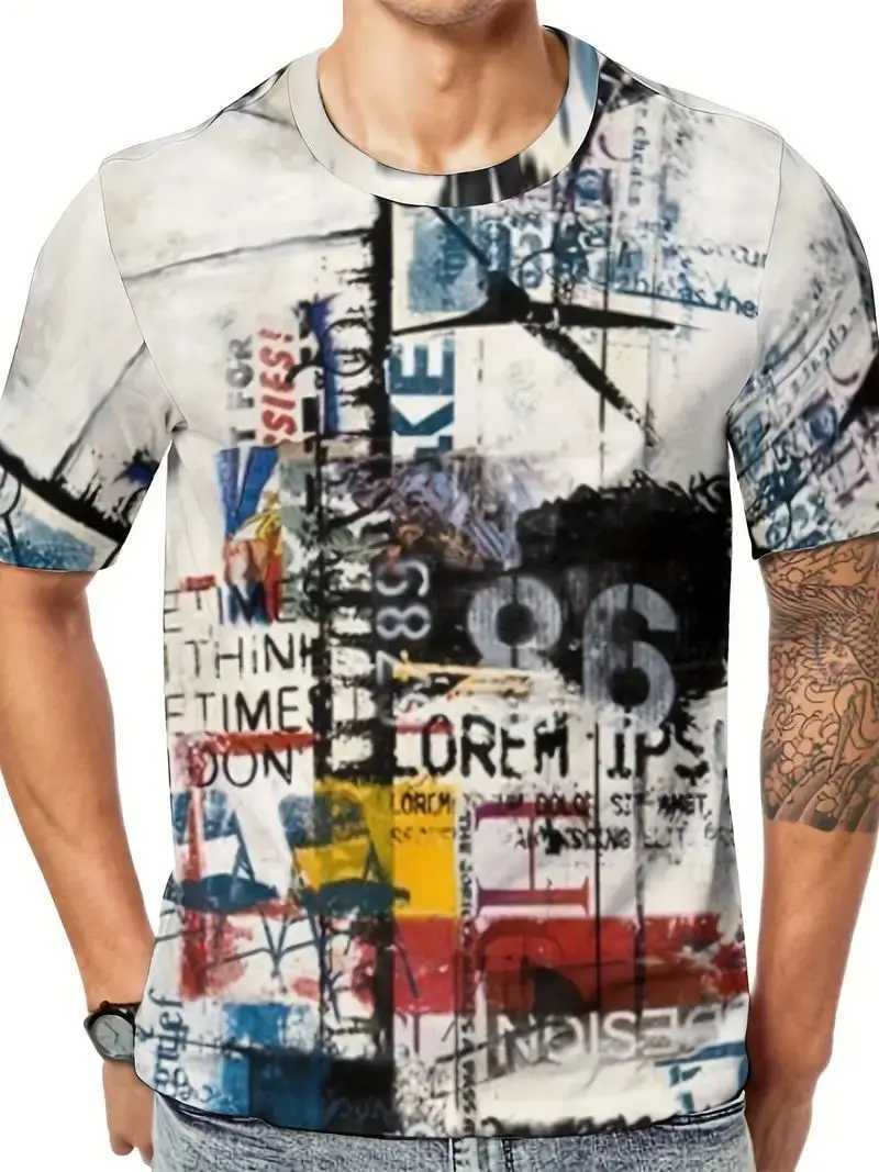 Mens new 3D art graffiti printed T-shirt casual fashion T-shirt street style short sleeved crew collar shirt mens oversized clothing W250224